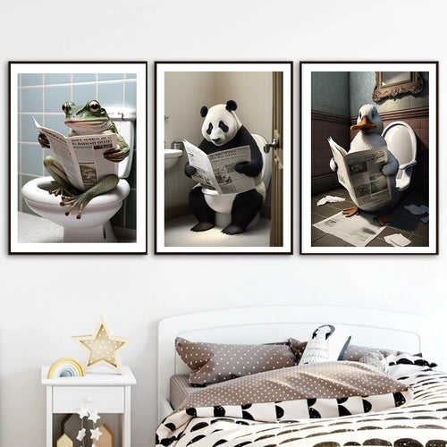 Humorous animal bathroom wall art with newspaper - vue 5 sur 7