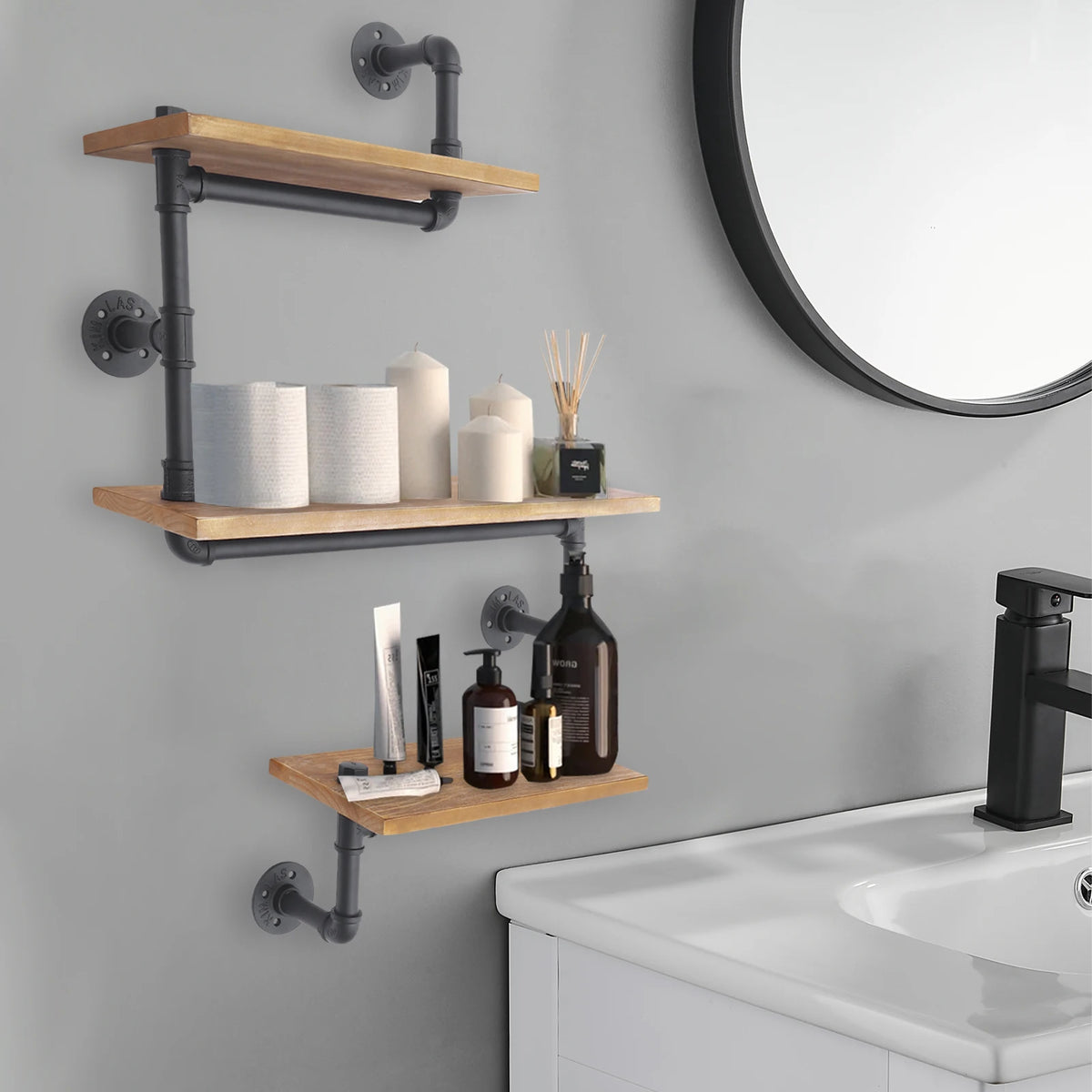 vintage wall shelf made of wood and industrial pipes