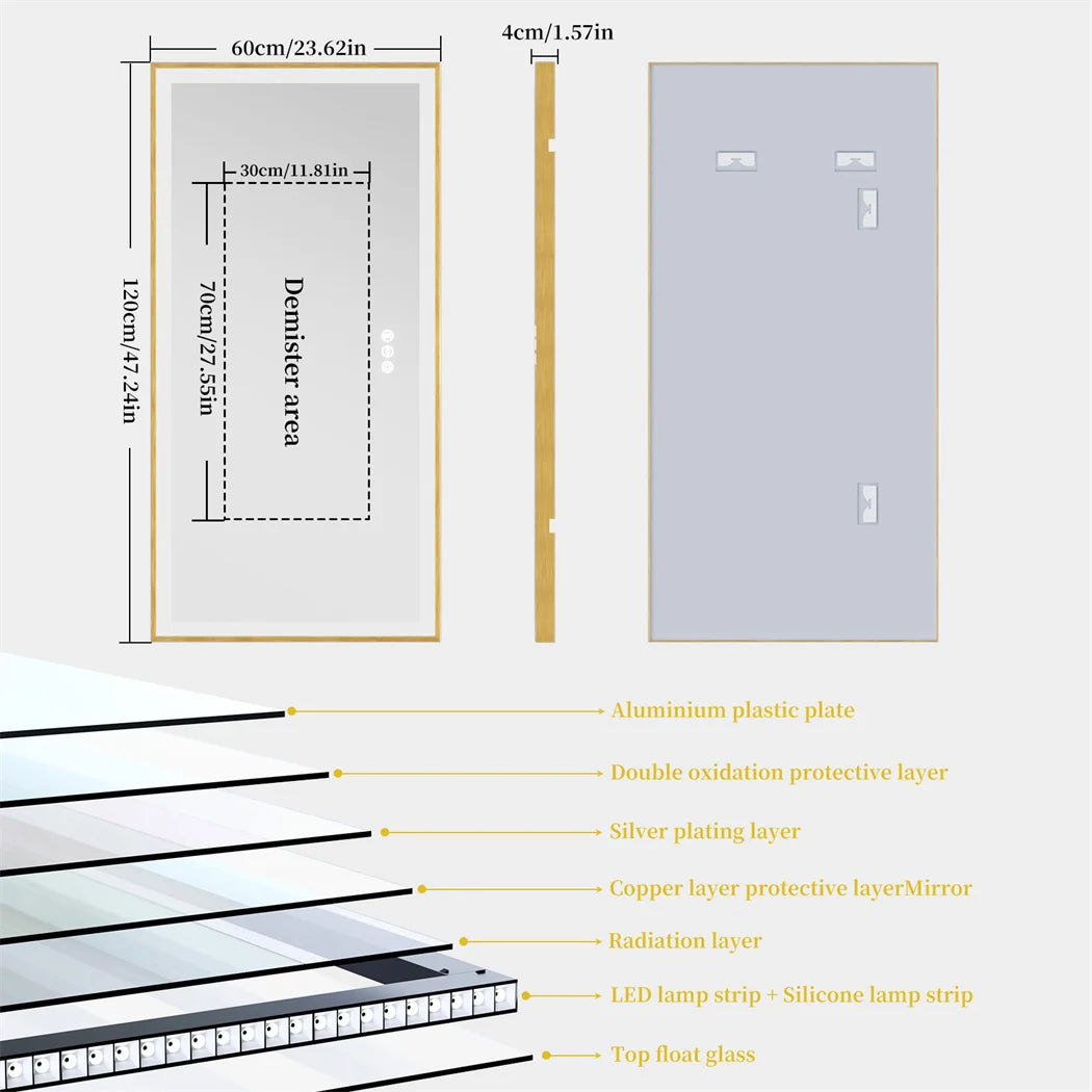 Illuminated mirror with gold frame and three-colour dimmable anti-fog LED lights - vue 10 sur 11