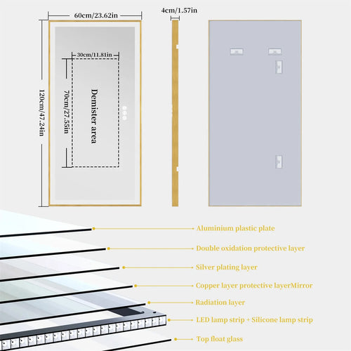 Illuminated mirror with gold frame and three-colour dimmable anti-fog LED lights - vue 11 sur 11