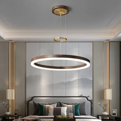 Modern solid wood LED chandelier in black walnut for home decor - vue 4 sur 9