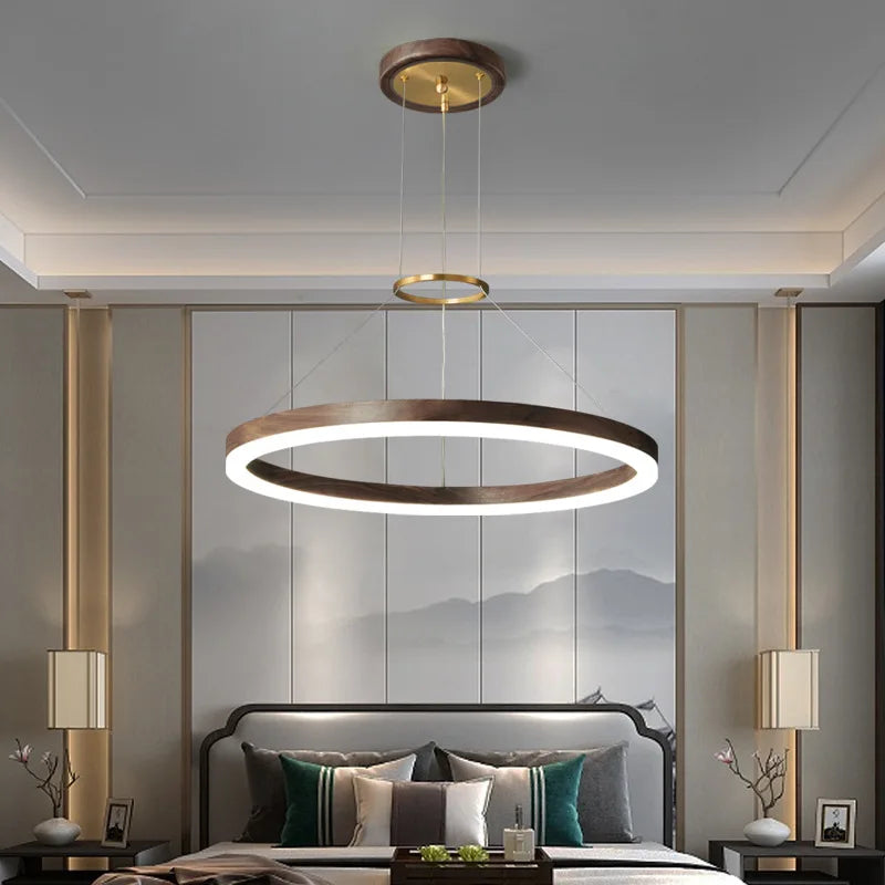 Modern solid wood LED chandelier in black walnut for home decor - vue 3 sur 9