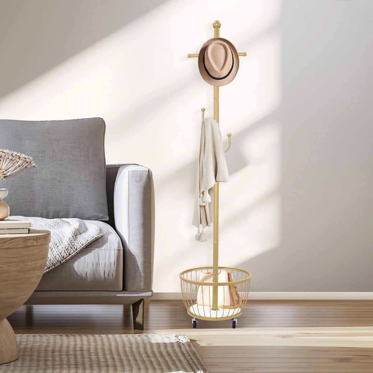 floor-standing coat rack with storage and mobile casters