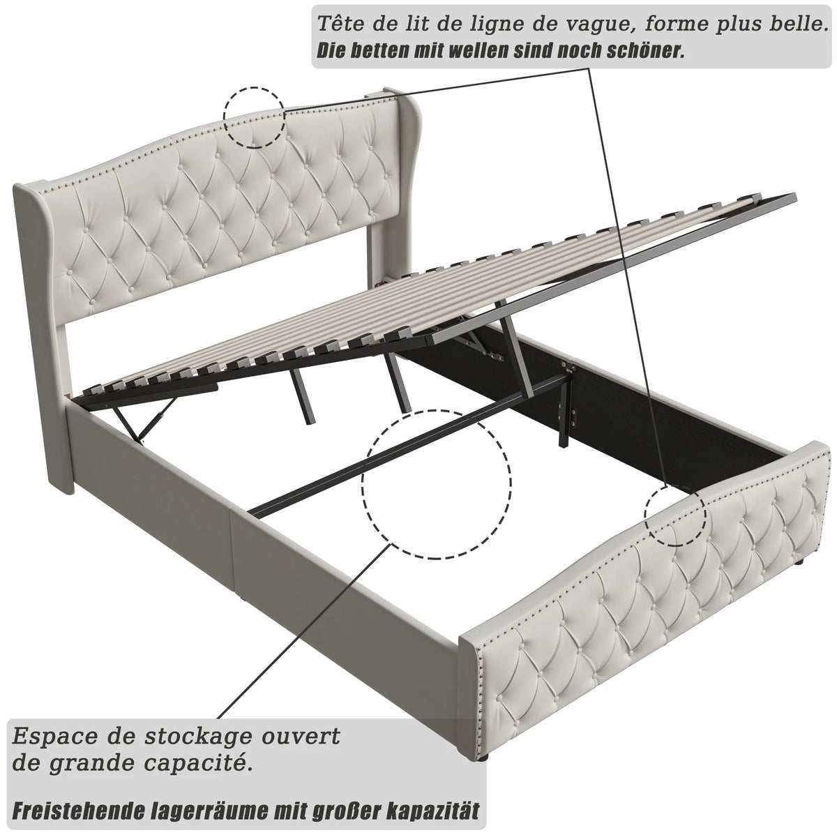 160 x 200 cm Modern Double Bed, Bed with Storage Space and Backrest, with Slatted Frame, Load-Bearing 250 kg, without Mattress - vue 4 sur 8