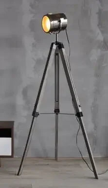 Industrial wood floor lamp with vintage hinged tripod - vue 9 sur 9