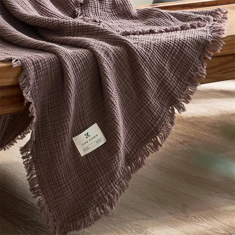 Lightweight cotton muslin throw with tassels, plain style for living room - vue 5 sur 7