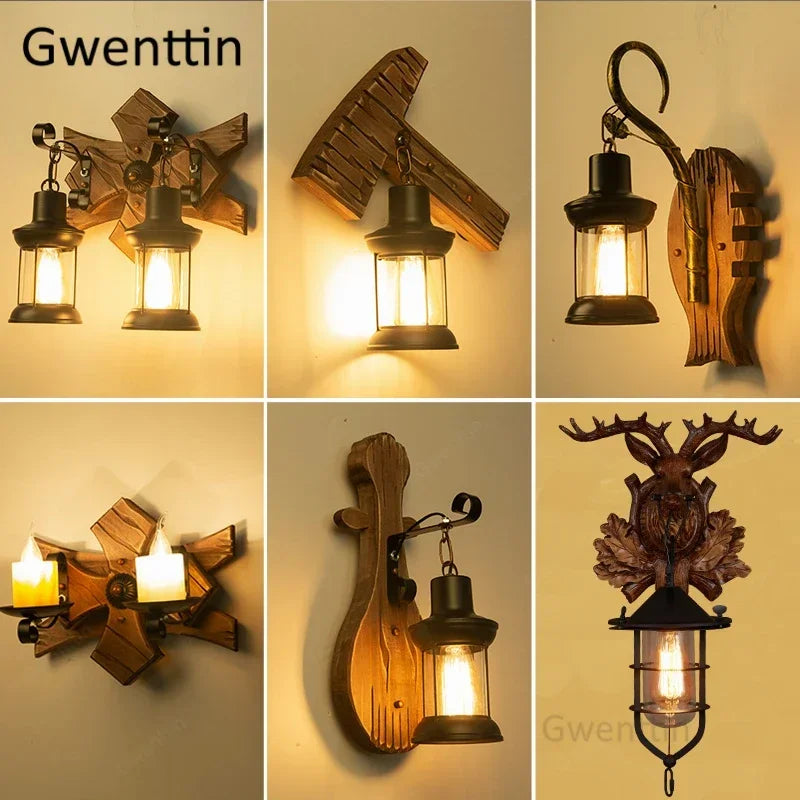 Vintage wooden wall light for bar, café, restaurant, industrial decor