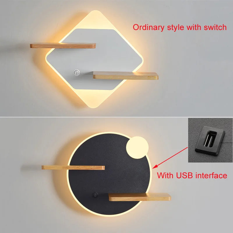 Nordic LED wall light with shelf and USB charger - vue 4 sur 18