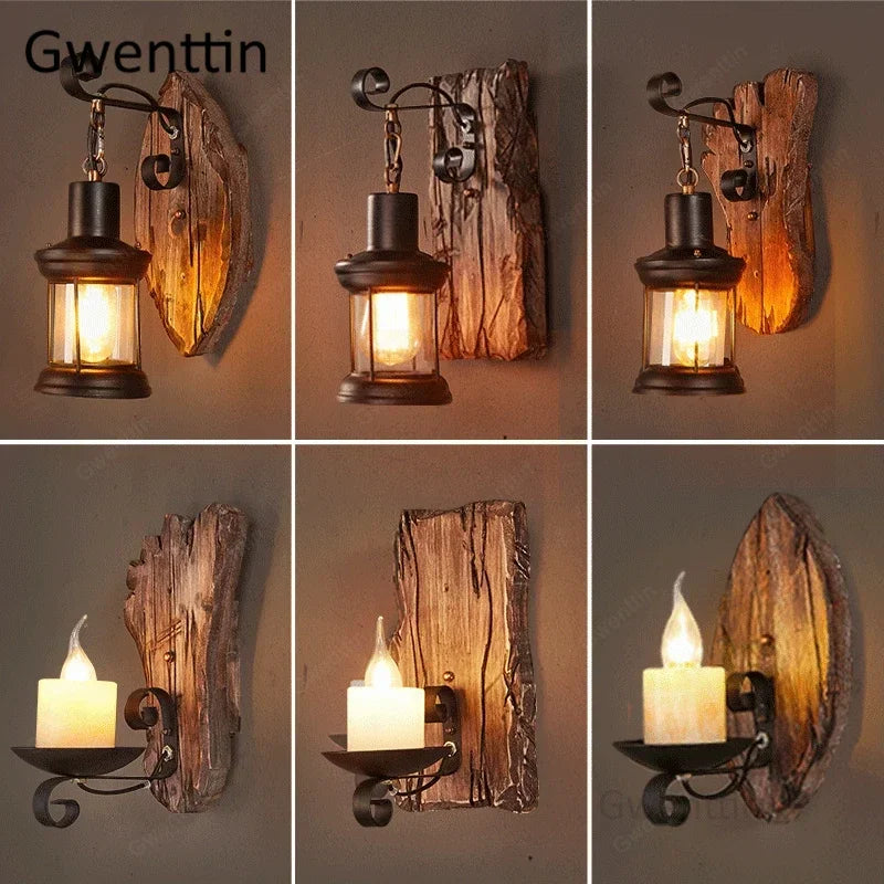 Vintage wooden wall light for bar, café, restaurant, industrial decor