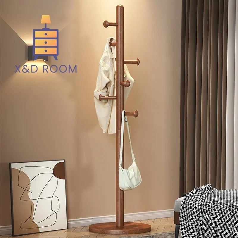 X&amp;D Solid Wood Coat Rack, Floor Hanging Clothes Rack Simple Modern Bag Rack Bedroom Household Single Pole Vertical Drying Rack