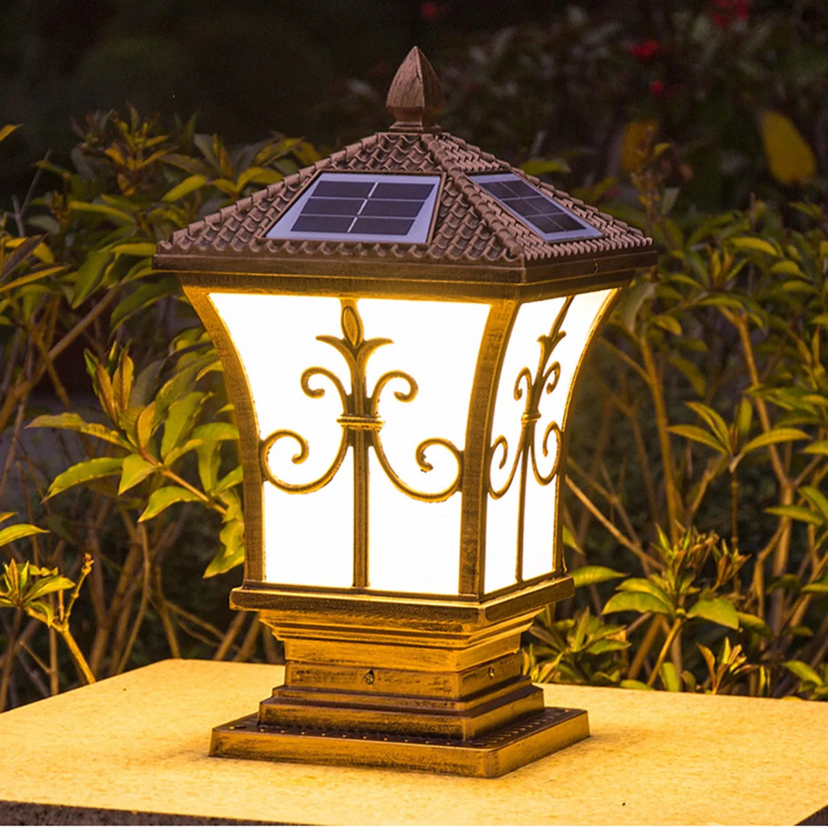 LED square post pillar solar light with remote control, waterproof vintage garden lamp