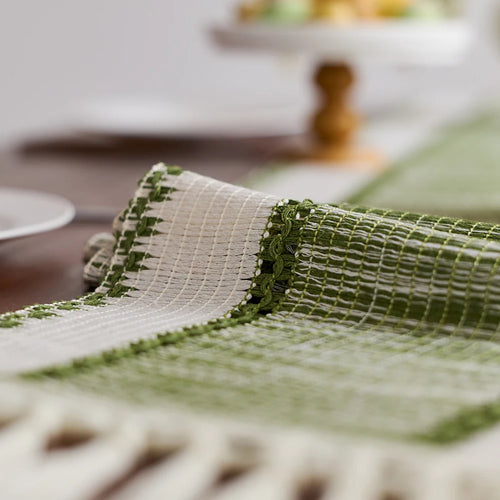 Chemin de table rayé bohème nordique pompons beige - vue 7 sur 6