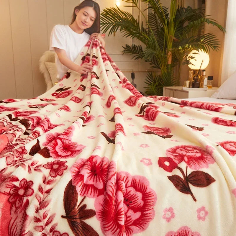 Fleece throw with check and floral patterns for sofa