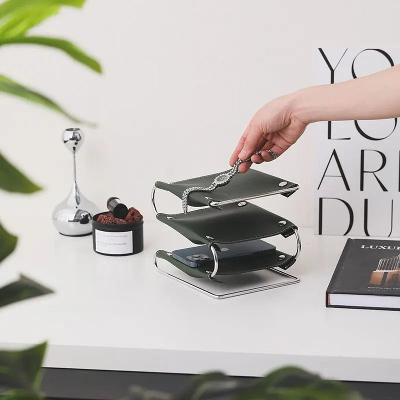 multifunctional leather and stainless steel storage rack - vue 4 sur 12