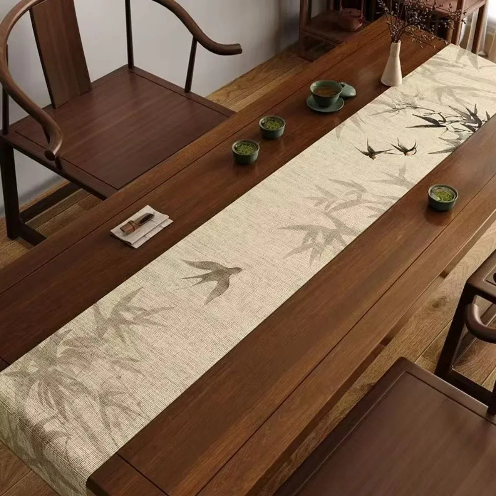 Chinese style tablecloth with bird and bamboo ink design