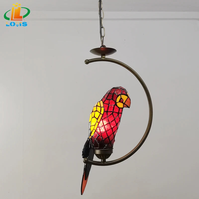 American Tiffany-style parrot chandelier in antique iron for decoration