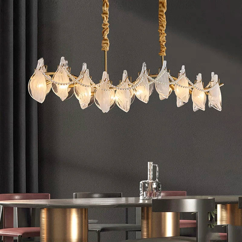 Creative frosted glass chandelier with hanging pearls, modern design - vue 5 sur 10