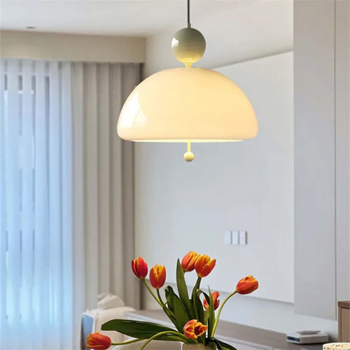 Milky white glass flower pendant light Bauhaus style - vue 3 sur 11