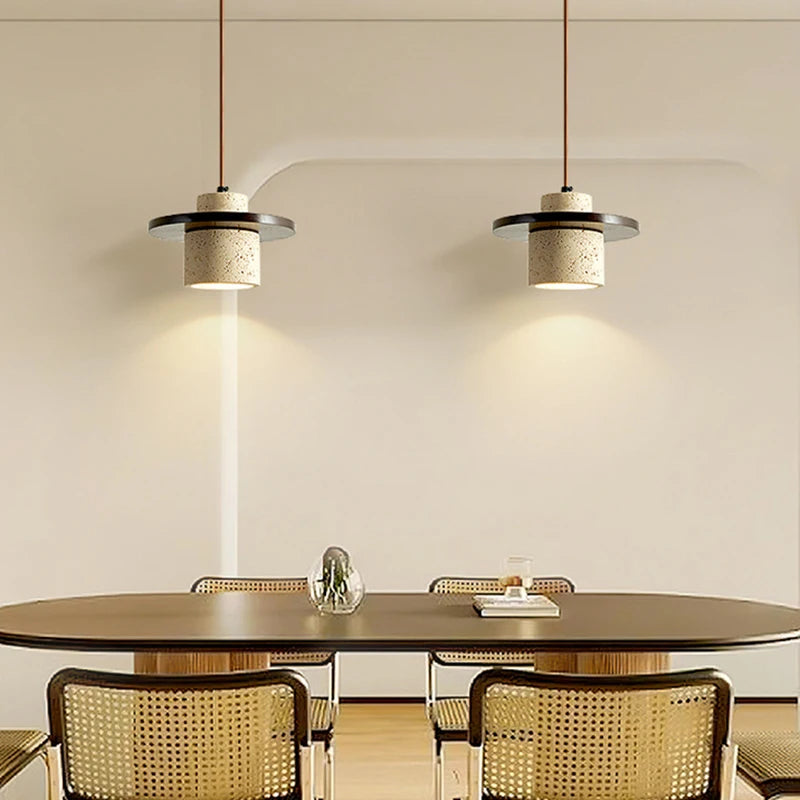 Stone and wood pendant light with adjustable cord