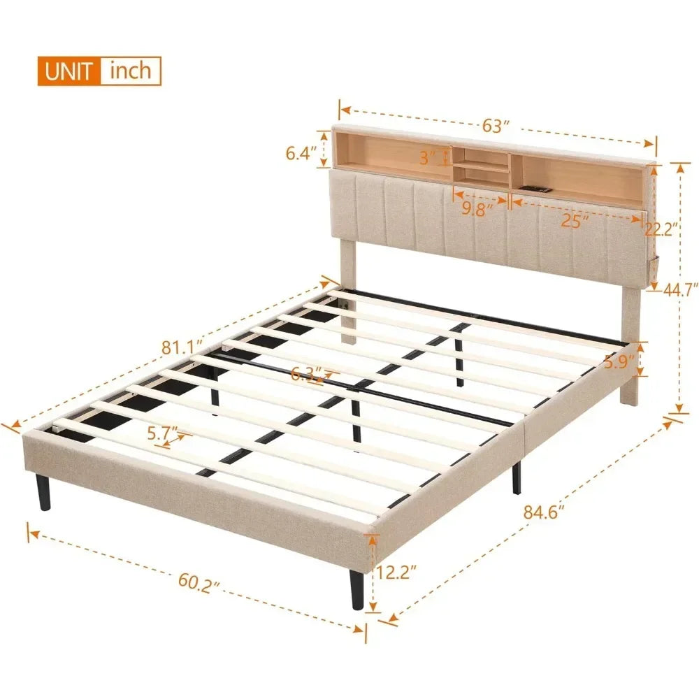 Bed frame bedroom furniture: headboard with storage and USB ports, full, gray modern upholstered platform bed - vue 5 sur 8
