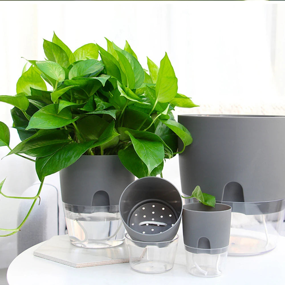 plastic flower pot with self-watering and absorbent rope
