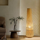 Cylindrical bamboo and wicker floor lamp with retro wooden weave
