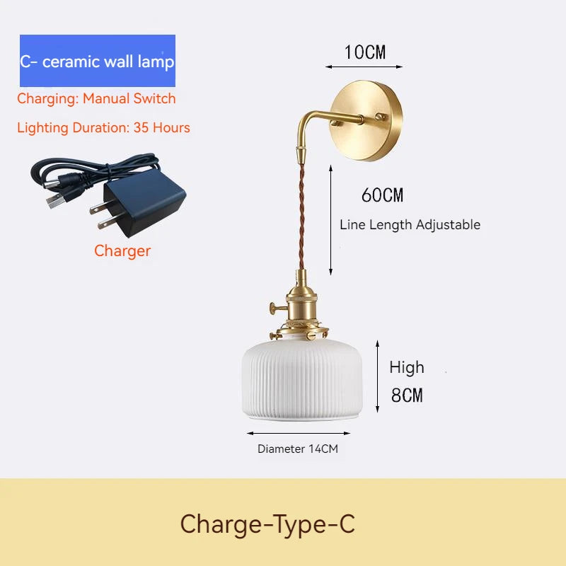 Rechargeable ceramic wall light with rotary switch vintage style