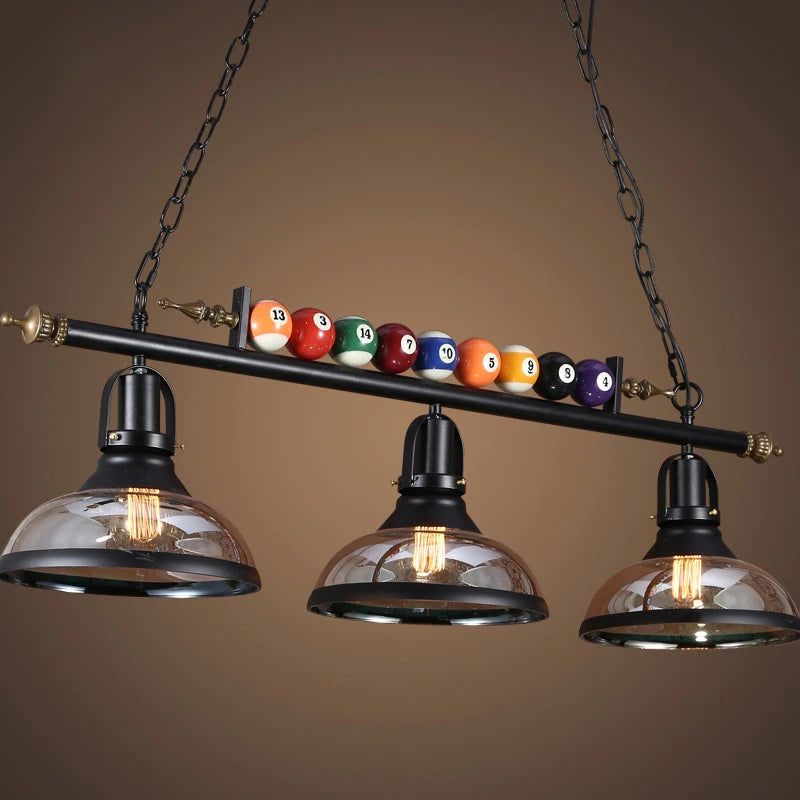 Vintage industrial billiard ball chandelier with glass shade