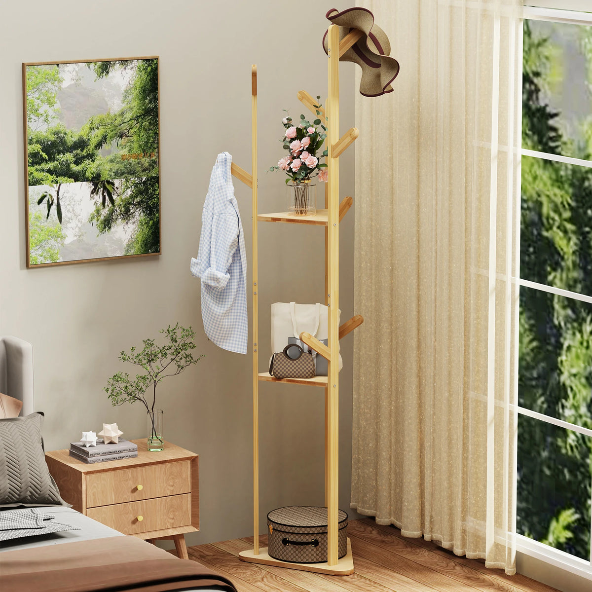 hanging coat rack with 10 hooks and integrated shelf - vue 2 sur 7