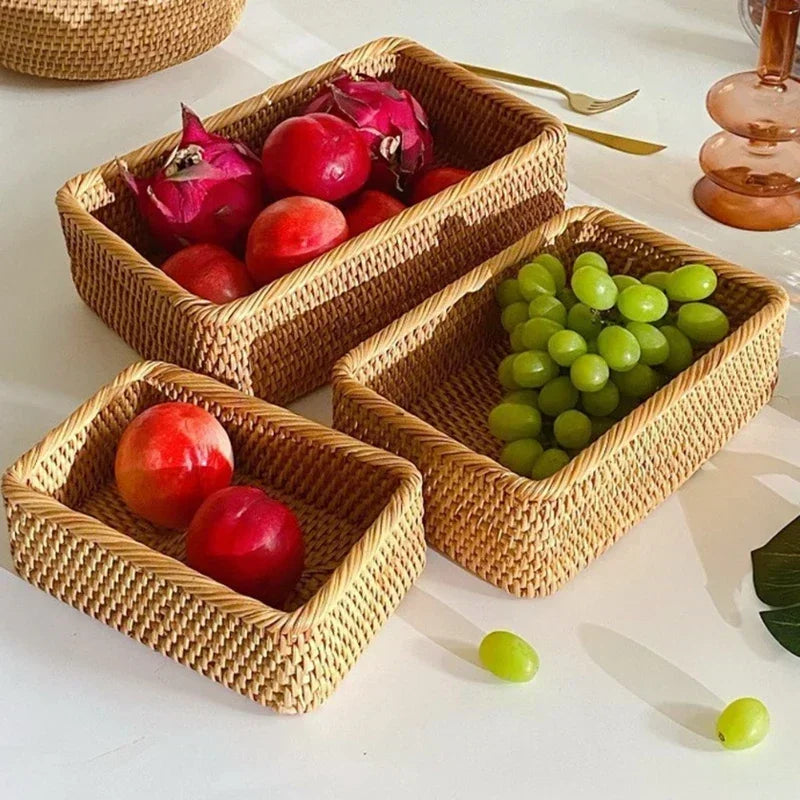 handwoven rectangular rattan basket for storage and picnic