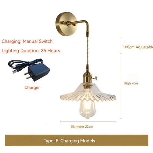 Scandinavian glass and brass LED wall light with battery switch - vue 10 sur 23