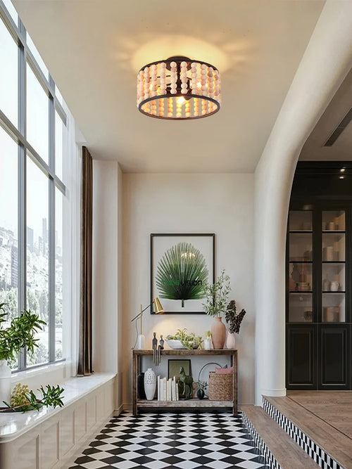 Handmade wooden bead ceiling light vintage style for a cosy home - vue 3 sur 7