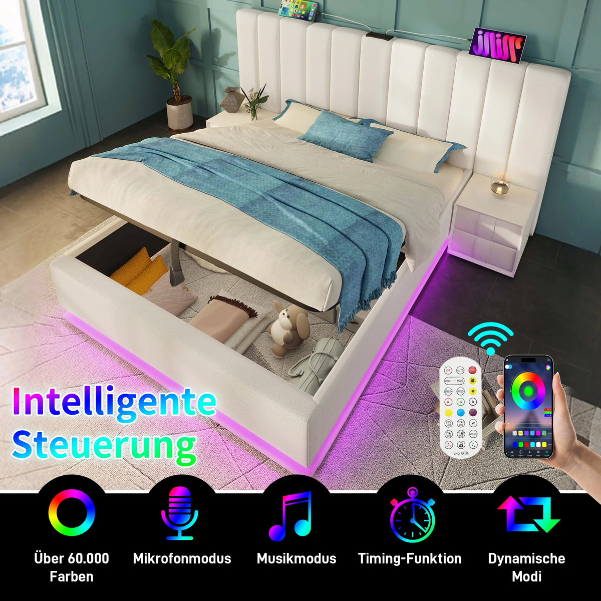 Upholstery bed 180 × 200, double bed storage bed with App Control LED and USB-C charging function, bed rack with slatted frame, PU, White, O - vue 4 sur 6