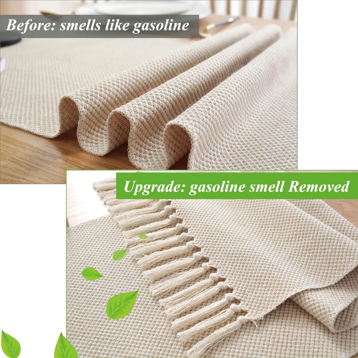 Beige embroidered linen table runner, rustic style - vue 4 sur 7