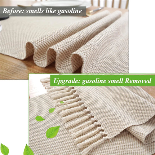 Beige embroidered linen table runner, rustic style - vue 5 sur 7