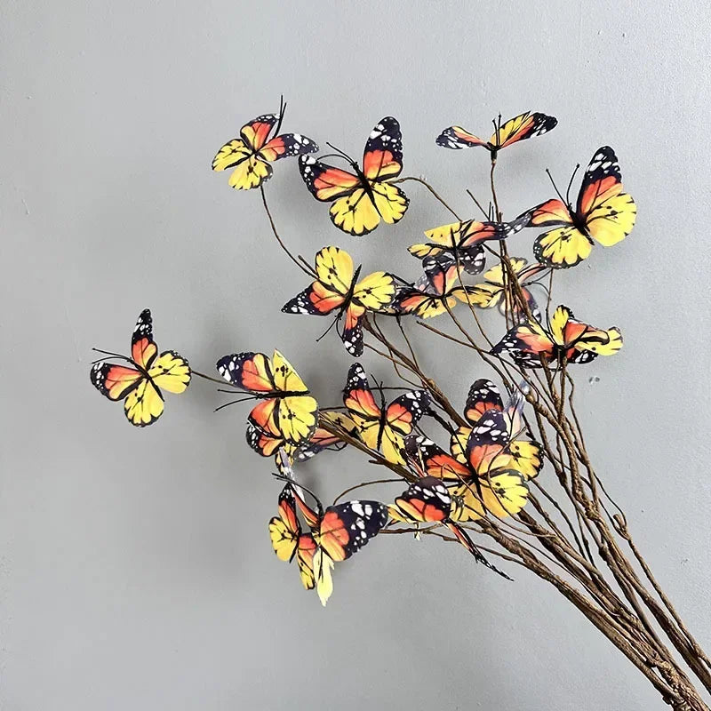 Artificial butterfly branch with decorative faux flowers for garden