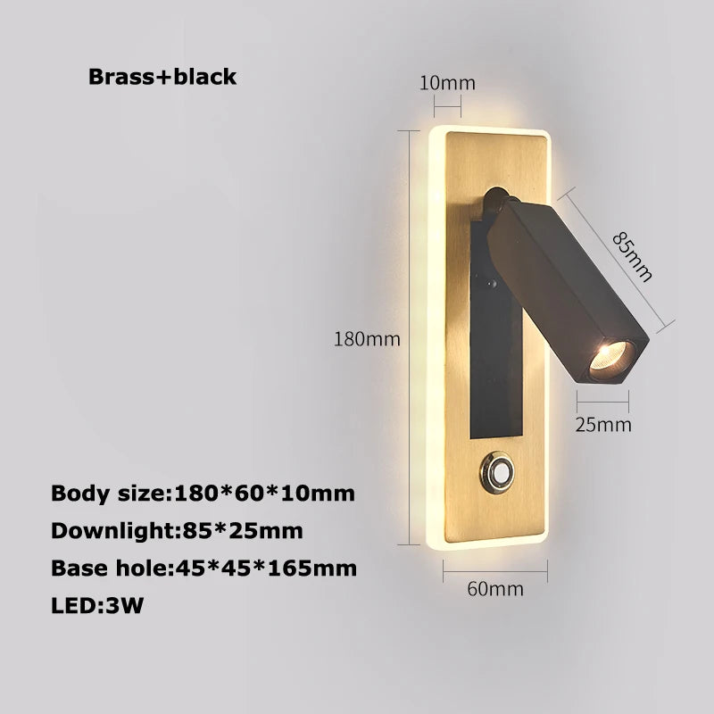 LED Brass Black Wall Lamp Wall Light Wall Sconce Wall Mounted Reading Light with Switch and USB Port, Rotatable For Bedroom - vue 7 sur 23