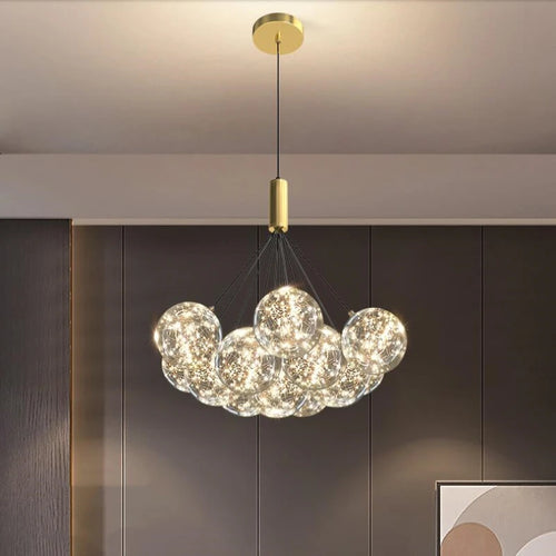 Modern LED pendant light in clear glass gypsophila with adjustable height - vue 4 sur 11