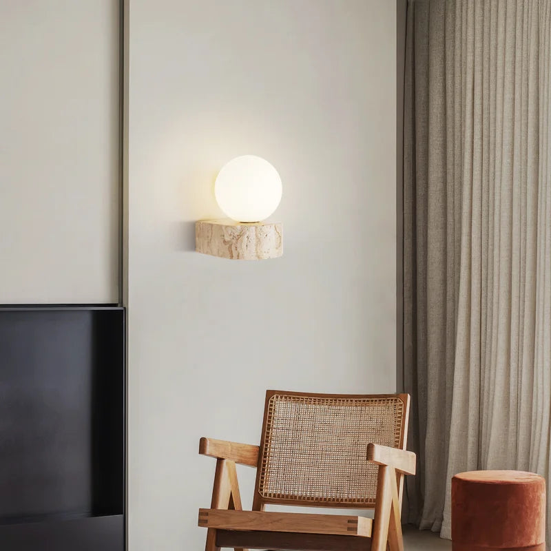 Vintage natural stone wall light with glass shade and LED