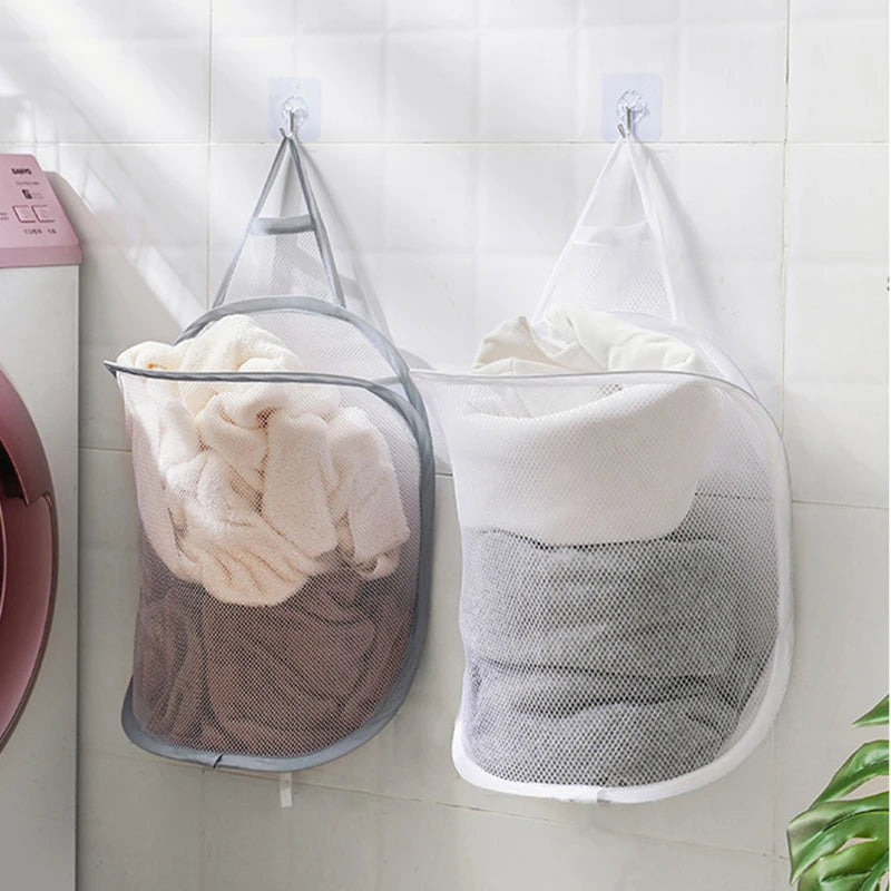 wall mounted foldable laundry basket portable mesh storage bag