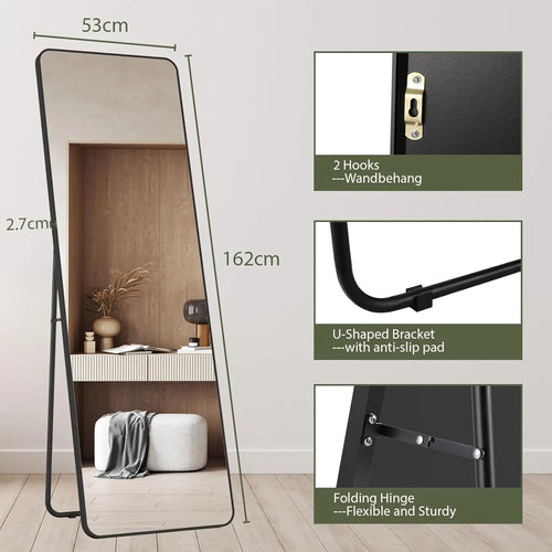 Full Length Mirror Standing Hanging or Leaning Against Wall Large Bedroom Floor Mirror Dressing, Aluminum Alloy Frame 162cm - vue 12 sur 11