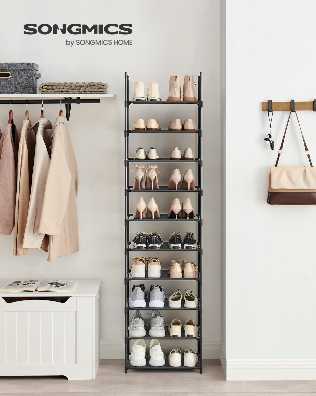 SONGMICS Shoe Rack, 10 Tiers, Narrow Shoe Rack, 28 x 45 x 173 cm, Metal Frame, Non-Woven Fabric Shelves, Hallway, Bedroom