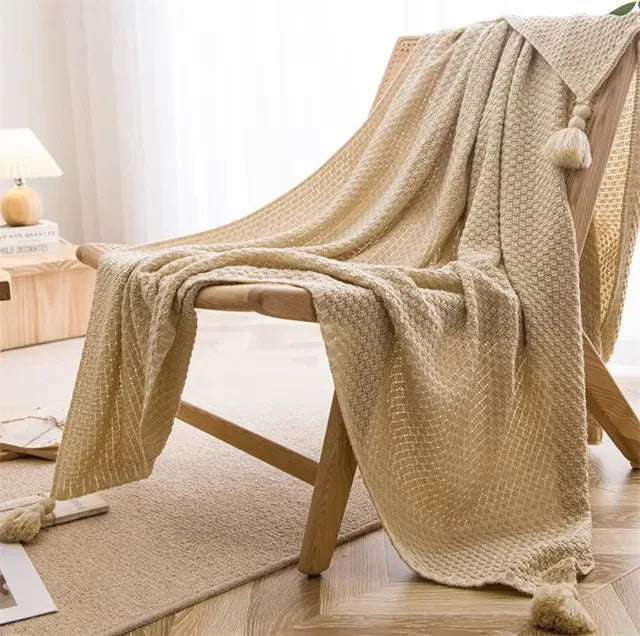 Waffle knit throw with pom poms nordic style for sofa or bed