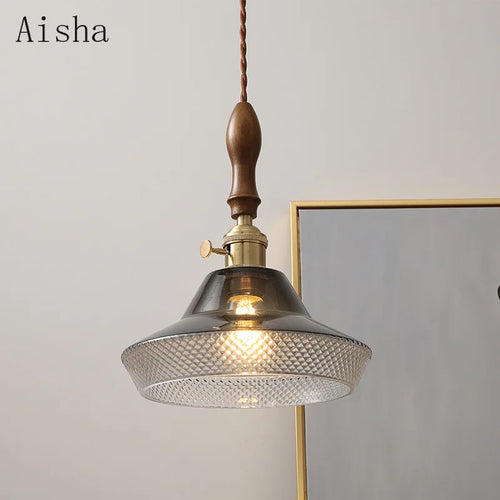 Walnut and copper glass pendant light for elegant interiors - vue 4 sur 8