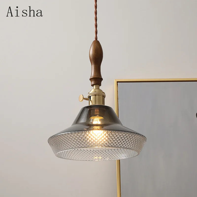 Walnut and copper glass pendant light for elegant interiors - vue 3 sur 8