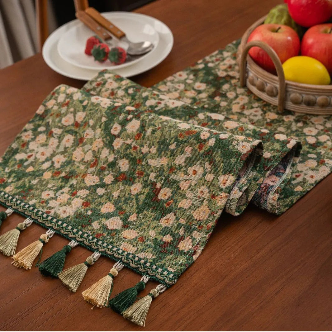 Green floral jacquard table runner with tassels country style