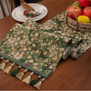 Green jacquard floral table runner with tassels countryside style