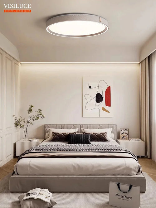 Modern leather LED ceiling light with remote control and adjustable lighting - vue 4 sur 6