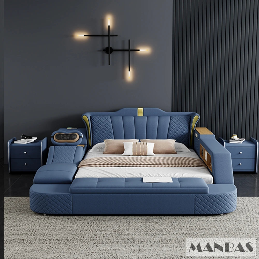 Tech Smart Bed 2 People with King Size Bed Frame Queen, Genuine Leather, Massage, USB, Bluetooth Speaker, and Safe By MINGDIBAO - vue 4 sur 8