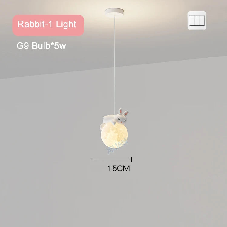 Children's 3d bear and rabbit bedside pendant light with moon night light